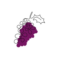 Red grapes single continuous contour drawing vineyard logo concept design. Fresh tropical healthy organic malbec fruit in outline style with spot. Modern one line hand drawn flat vector illustration