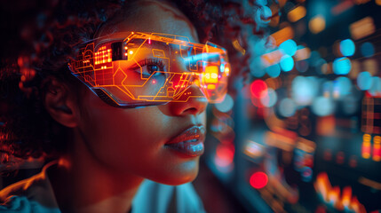 Poster - A woman wearing futuristic glasses stands in a brightly lit room, possibly at a social gathering.