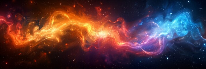 Ultra-wide abstract background with dynamic, swirling flames in orange and blue against a dark background