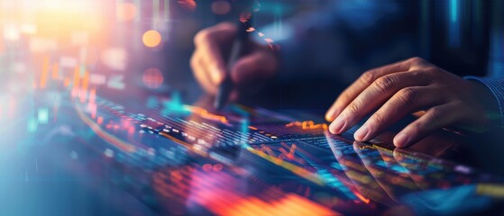 Hands interacting with digital data on a touchscreen interface with colorful graphics, representing modern technology and data analysis concept.