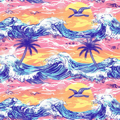 Sticker - Summer Coastline Seamless Pattern Backgrounds in Beach Vibes