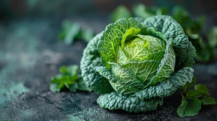 Close-up of a textured savoy cabbage with crisp water droplets, highlighting freshness and natural beauty