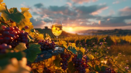 White wine glass on table near grapes in vineyard overlooking sunny field. Concept Wine