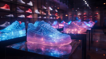 Poster - A row of holographic sneakers illuminated with vibrant blue and pink lights in a futuristic retail store.