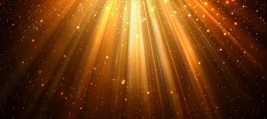 Abstract orange light burst with peach and golden sparkles on dark orange background