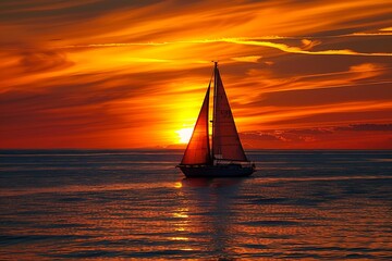 Wall Mural - A lone sailboat silhouette against a fiery orange sunset on the ocean