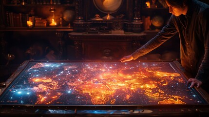 Poster - A man interacts with a glowing, holographic world map, illuminated in an otherwise darkened room.