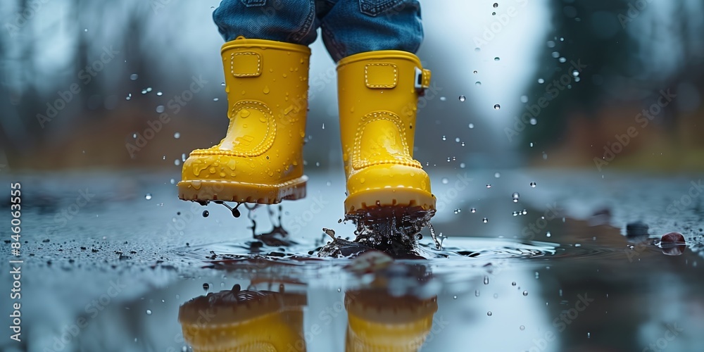 Child's Rubber Boots Jumping Over Rain Puddle - Joyful Kid Leaps in ...
