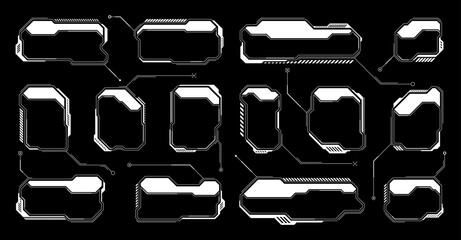 Poster - White futuristic HUD, UI elements. Sci-fi user interface text boxes, callouts. Warning message frames, information boxes template. Modern game interface layout in digital style. Vector illustration