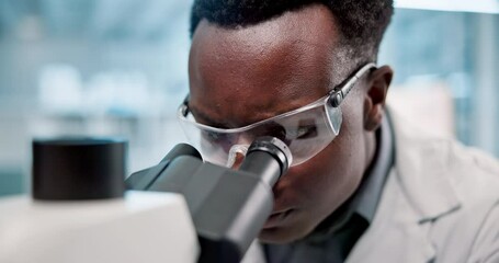 Poster - Science, black man and microscope or analysis in laboratory for results on medical research and experiment. Innovation, professional and expert with goggles for scientist development and study review