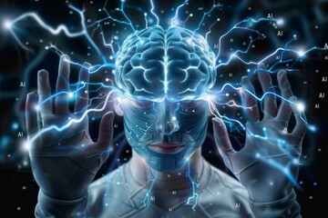 Wall Mural - Futuristic AI brain with glowing circuits, high tech digital illustration, vibrant colors, artificial intelligence concept 