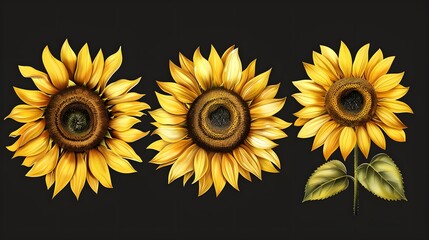 Wall Mural - Set of top view blooming sunflowers, showing the intricate patterns of seeds and petals