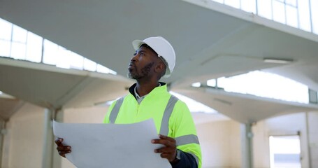 Poster - Black man, architect and paperwork with blueprint for construction, building or architecture at site. African contractor, civil engineer or builder with floor plan, documents or project at workplace