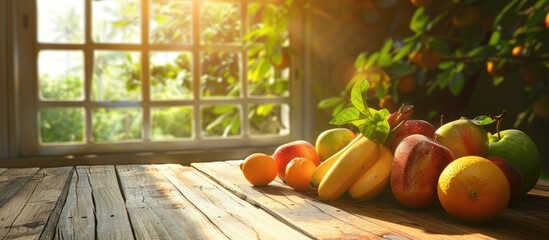 Fresh fruit on a wooden table in the kitchen next to a sunlit window.