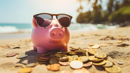 Wall Mural - Pink piggy bank with sunglasses relaxing on a beach in summer next to gold coins, vacation budget, holiday savings, investment success, banking wealth, income and profit in finance 