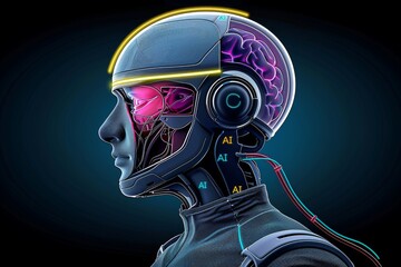 Wall Mural - AI robot head with neon circuits, high tech digital illustration, vibrant colors, artificial intelligence concept 