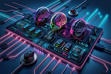 Wall Mural - AI processors on a motherboard, high tech digital illustration, vibrant colors, artificial intelligence concept 