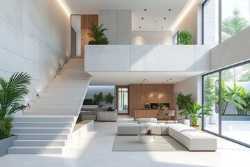 Wall Mural - Two-story,interior,house,concrete,apartment,ceiling,coffee table,contemporary,couch,cosy,decor,design,double,flat,floor,flooring,furniture,high,home,illustration,indoor,kitchen,light,living