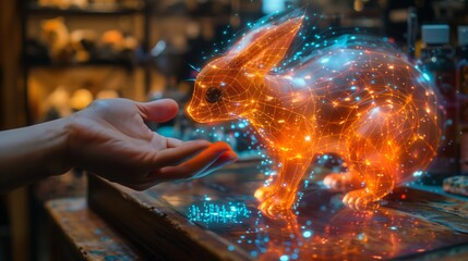 Poster - A holographic rabbit, glowing with orange and blue light, appears to interact with a persons hand in a virtual pet store.