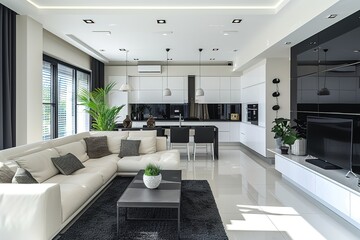 Wall Mural - Modern black and white stylish kitchen with living room interior design