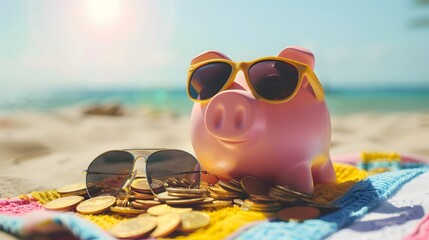 Pink piggy bank with sunglasses relaxing on a beach in summer next to gold coins, vacation budget, holiday savings, investment success, banking wealth, income and profit in finance 