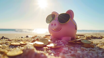 Pink piggy bank with sunglasses relaxing on a beach in summer next to gold coins, vacation budget, holiday savings, investment success, banking wealth, income and profit in finance 