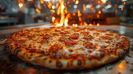 Wall Mural - Close-up of a delicious pizza with melted cheese, tomato, and basil in a fiery oven backdrop