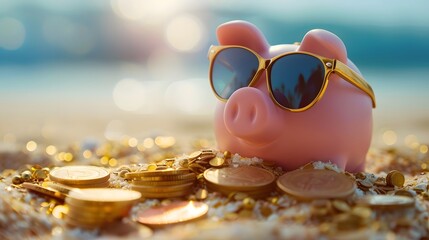 Wall Mural - Pink piggy bank with sunglasses relaxing on a beach in summer next to gold coins, vacation budget, holiday savings, investment success, banking wealth, income and profit in finance 