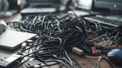 Poster - A close-up photo of a messy desk with tangled computer cables, a laptop, and other electronics. The wires are all black and are lying on a wooden surface.