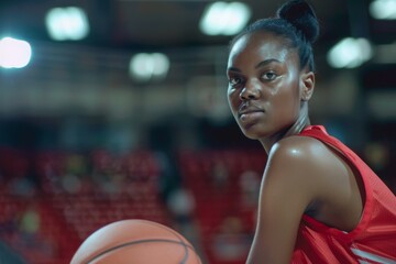 Wall Mural - Woman basketball player on court during game wearing red uniform.