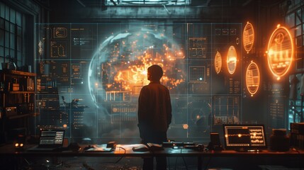 Poster - A person stands in a futuristic workshop, facing a large holographic screen displaying data and a 3D model of the Earth.