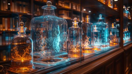 Poster - A row of glass bottles with holographic displays inside, illuminated from below, and on a shelf in a dimly lit room.