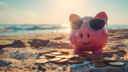 Wall Mural - Pink piggy bank with sunglasses relaxing on a beach in summer next to gold coins, vacation budget, holiday savings, investment success, banking wealth, income and profit in finance