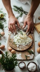 Wall Mural - Cheerful and bright Labor Day setup, showcasing a close-up of a chef’s hands preparing food, minimalistic and elegant design, isolated on a white background.