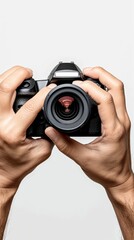 Wall Mural - A simple and elegant Labor Day scene, with a close-up of a photographer’s hands adjusting a camera, bright and light design, isolated on a white background. 