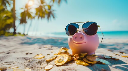 Wall Mural - Pink piggy bank with sunglasses relaxing on a beach in summer next to gold coins, vacation budget, holiday savings, investment success, banking wealth, income and profit in finance