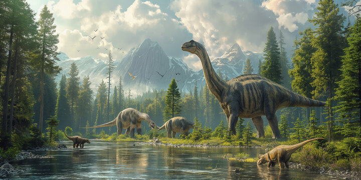 Prehistoric Dinosaurs in Natural Landscape