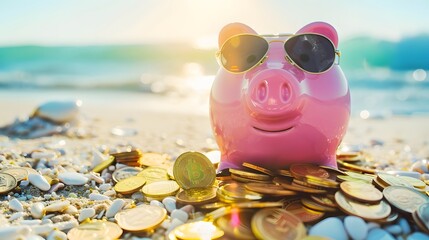 Wall Mural - Pink piggy bank with sunglasses relaxing on a beach in summer next to gold coins, vacation budget, holiday savings, investment success, banking wealth, income and profit in finance