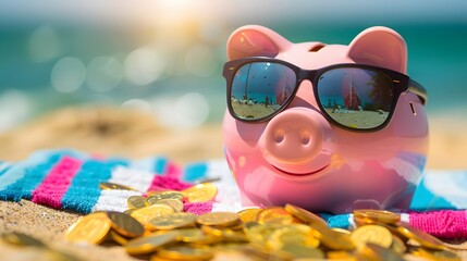 Wall Mural - Pink piggy bank with sunglasses relaxing on a beach in summer next to gold coins, vacation budget, holiday savings, investment success, banking wealth, income and profit in finance