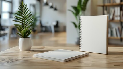 Minimalist notebook mockup on a wooden desk, with a clean and bright office background and ample space for text