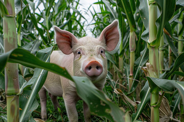 Adorable pig standing in a lush cornfield, curious and playful. Perfect for agricultural, farm, and rural lifestyle themes. Farm animals.