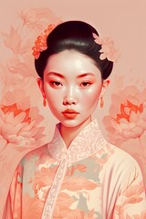 Wall Mural - Beautiful asian woman with flowers on her face. Beauty and fashion.