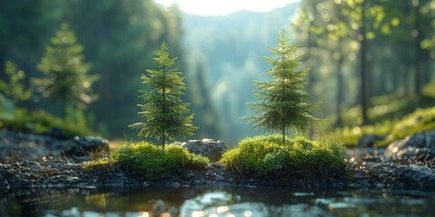 two firs standing next to each other, forest in the background