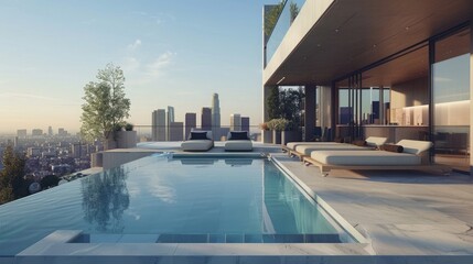 Wall Mural - Impressive Luxury penthouse apartment terrace with pool overlooking los Angeles skyline, generative AI
