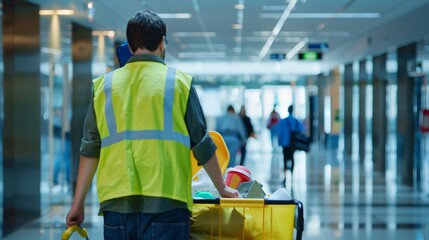 In a busy lobby filled with people a maintenance worker in a yellow vest pushes a cart full of cleaning supplies and equipment. . .