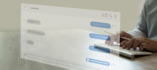 Fototapete - crm software man chatbot live chat with customer help assistant chatting online