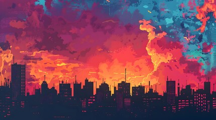 Wall Mural - Colorful comic scene background with city silhouette
