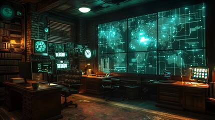 Poster - A dimly lit workshop featuring a large holographic display showing a world map with glowing network connections.