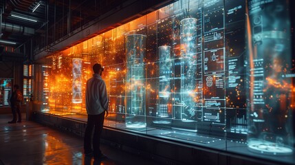 Wall Mural - A person in a futuristic laboratory stands before a wall of holographic displays depicting virtual chemistry experiments.