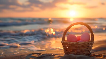 Wall Mural - Small basket with two easter eggs on the sea on golden hour easter concept